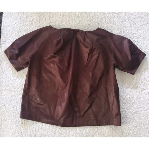 2 Michael by Michael Kors Med Short Sleeve Pleated Satiny Tops Green & Brown - Picture 9 of 14